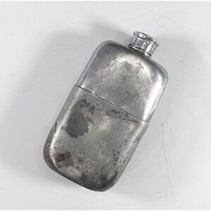 Antique Edwardian hipflask, vintage WWI grey metal drinking flask